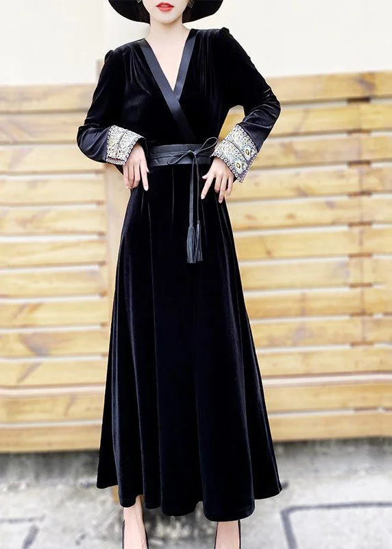 Best Bargains cocktail party dressClassy Black V Neck Embroideried Patchwork Velour Dress Spring