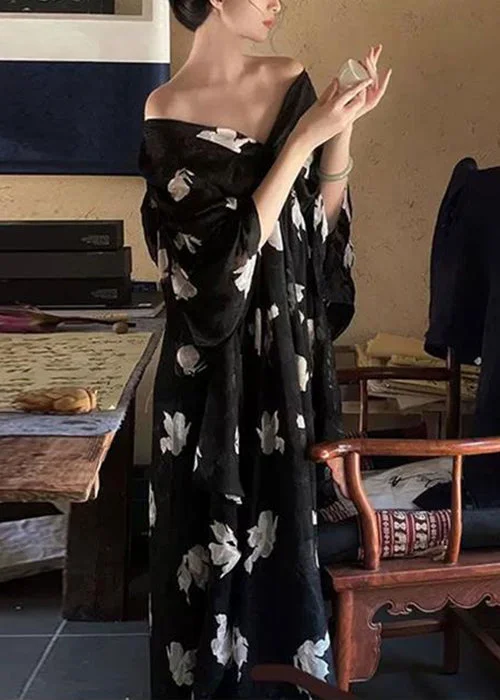 Closeout Sale velvet dressStylish Black V Neck Print Chiffon Long Dress Half Sleeve