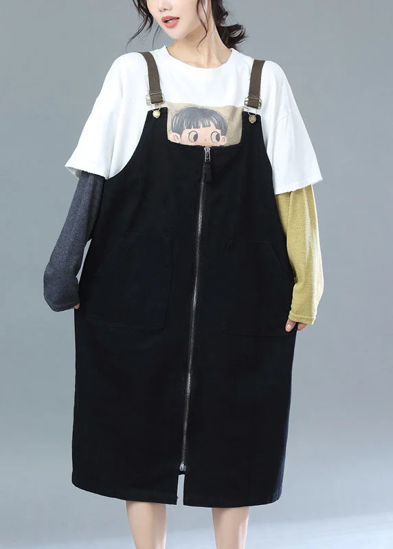 modern dressStyle Black Zippered Oversized Cotton Suspender Dress