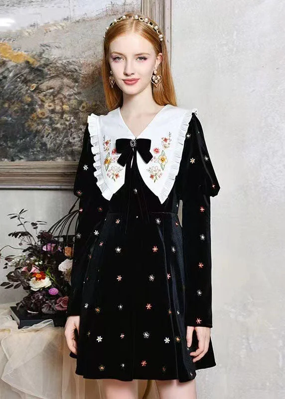 vintage-inspired dressDIY Black Bow Collar Embroideried Silk Velour Dresses Spring