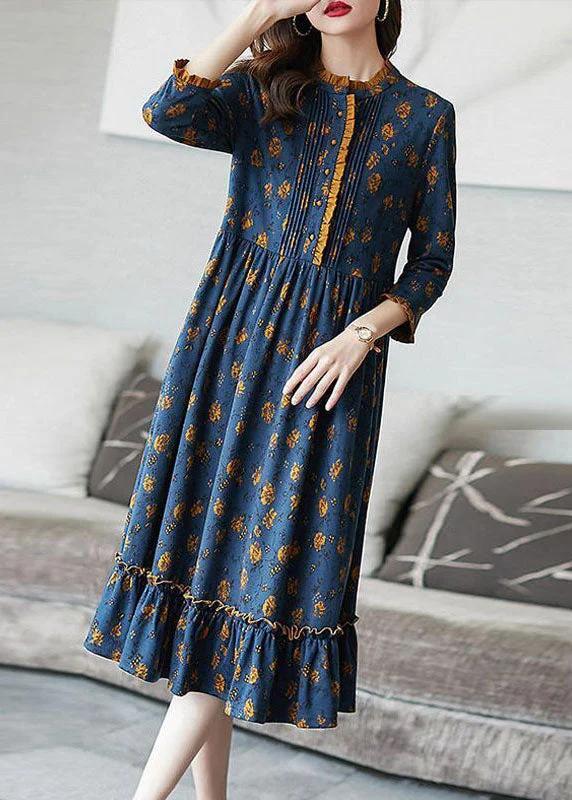 Huge Discounts relaxed fit dressBohemian Blue Ruffled Print Wrinkled Cotton Dress Bracelet Sleeve
