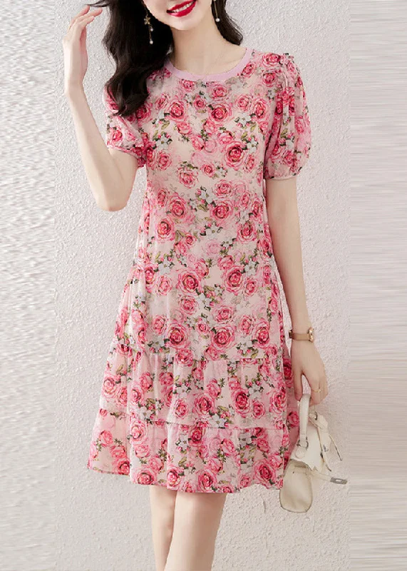 fitted cocktail dressItalian O-Neck Print Wrinkled Silk Mid Dresses Short Sleeve