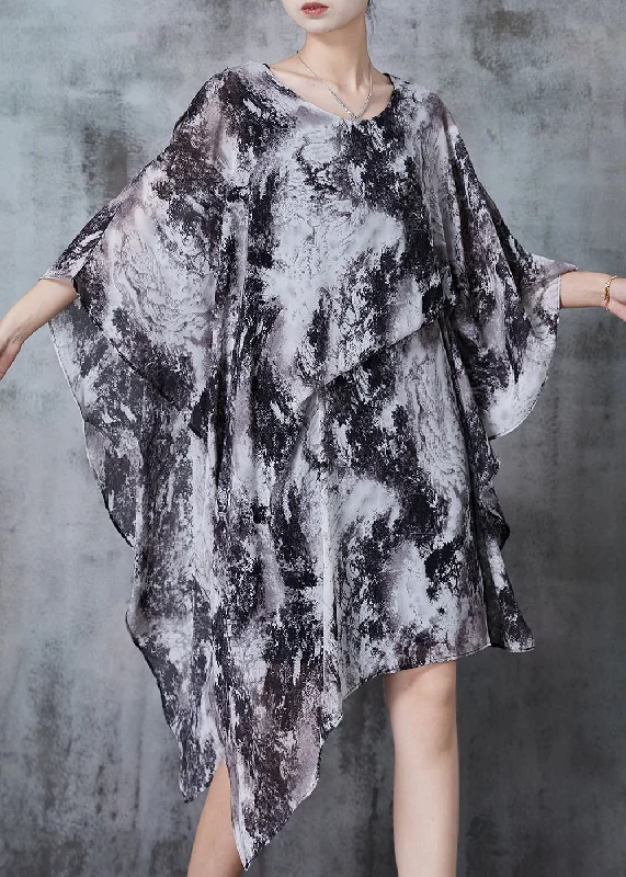 winter dressOrganic Grey Asymmetrical Ink Wash Painting Chiffon Dress Summer