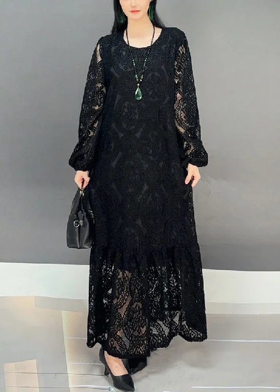 Price Drop Alert playful dressNew Black O Neck Hollow Out Lace Long Dresses Fall
