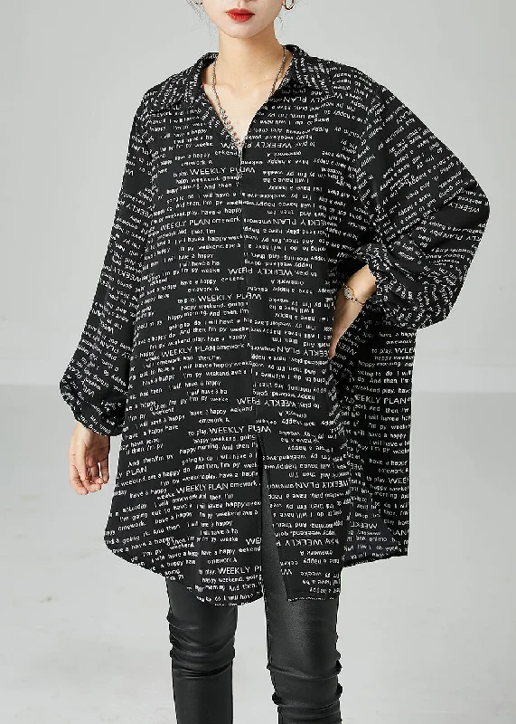 chic dressFrench Black Oversized Letter Print Chiffon Shirt Dress Spring