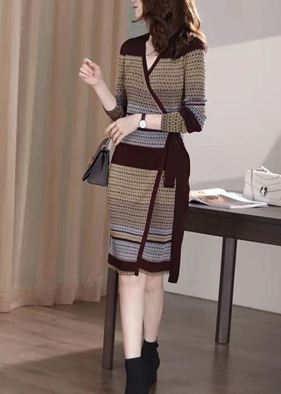 minimalistic dressSlim Fit V Neck Print Tie Waist Knit Mid Dresses Long Sleeve