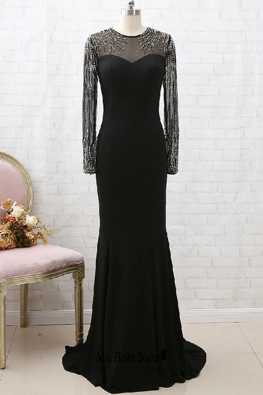 Huge Savings A-line dressFit and Flare Long Sleeve Black Evening Dress
