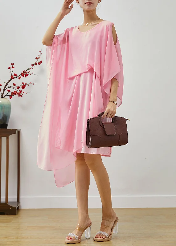 form-fitting dressBoho Pink Asymmetrical Cold Shoulder Chiffon Beach Dresses Summer