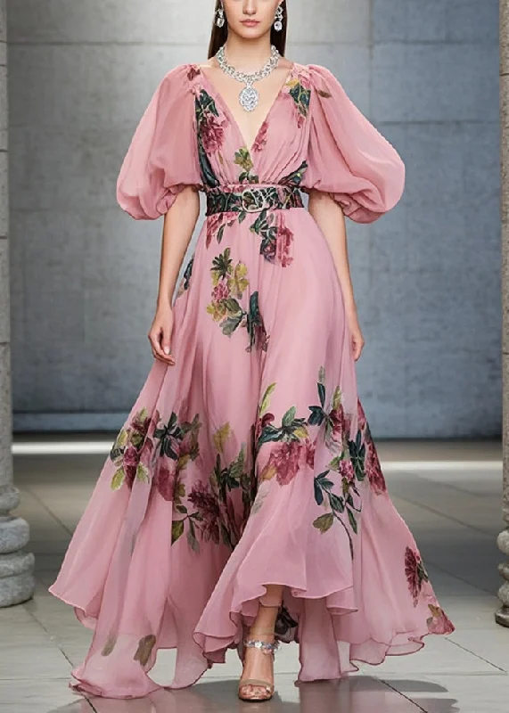 Deal Dash luxury dressPink Print Silm Fit Chiffon Vacation Dresses Exra Large Hem Puff Sleeve