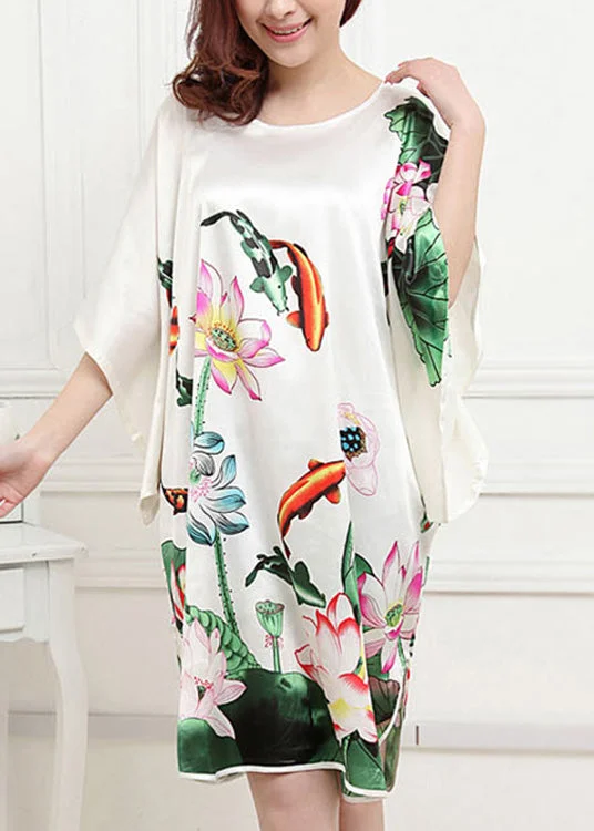 formal dressClassy White O-Neck Lotus Mid Dress Summer Pajamas