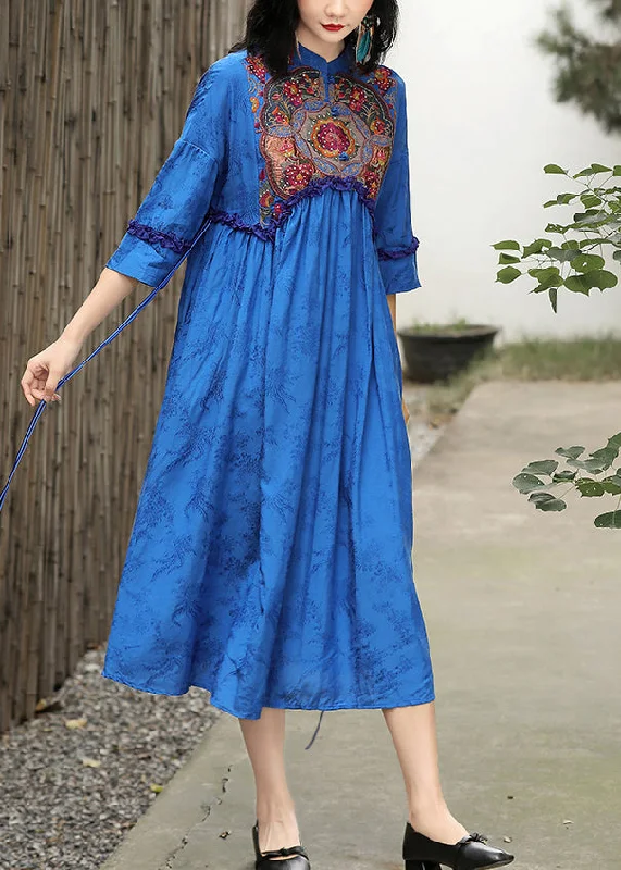 Can't Be Beat satin dressElegant Blue Stand Collar Embroideried Floral Drawstring Satin Dress Long Sleeve