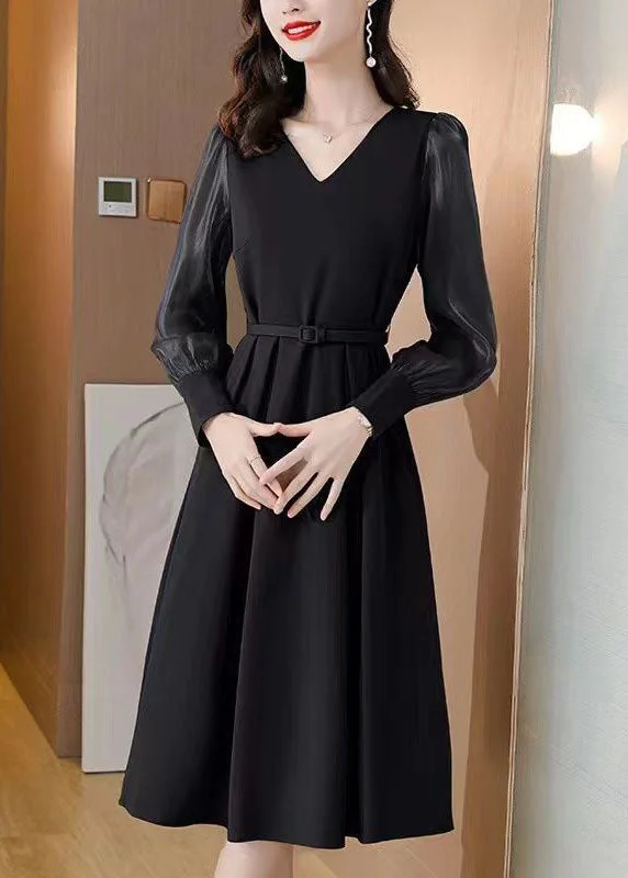Price Cut textured dressCasual Black V Neck Patchwork Spandex Dress Spring