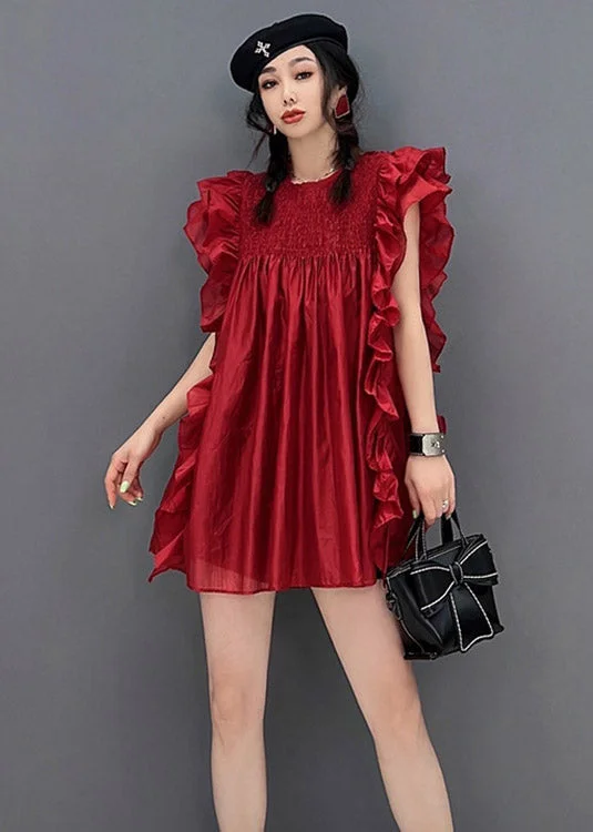 casual shift dressSexy Red O-Neck Ruffles Wrinkled Chiffon Dress Short Sleeve