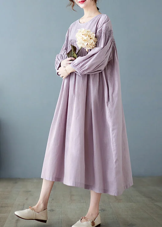 Clearance Items casual day dressWomen Purple O-Neck Patchwork Wrinkled Maxi Dresses Spring