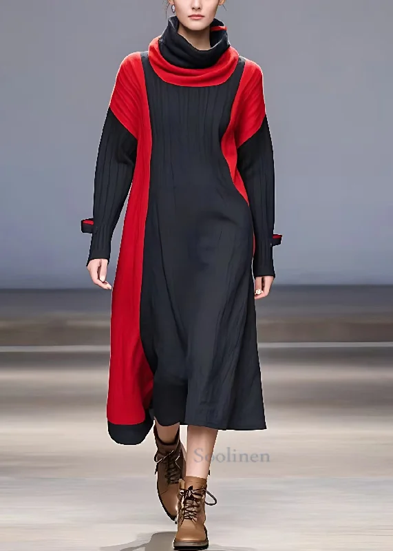 Final Clearance elegant dressFrench Black Turtleneck Patchwork Cotton Dresses Long Sleeve