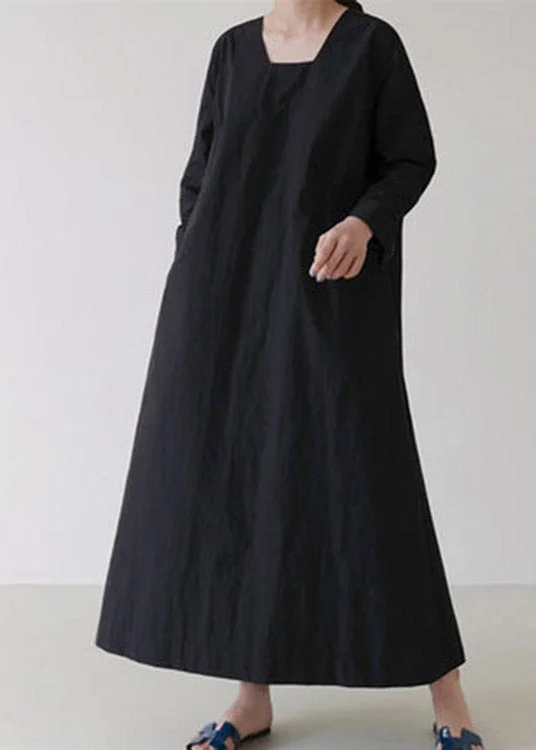 Mega Sale evening dressVintage Black Square Collar Cozy Linen Maxi Dress Long Sleeve Mega Sale evening dressVintage Black Square Collar Cozy Linen Maxi Dress Long Sleeve