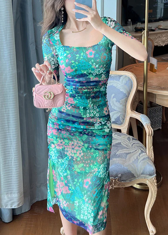 Sale Event trendy wrap dressChic Green Print Side Open Long Dresses Summer