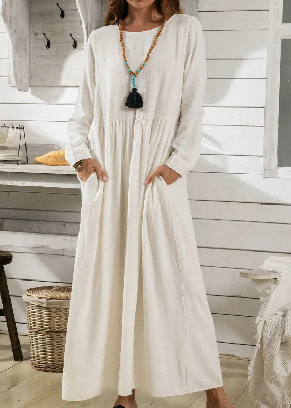 Sneak Peek Sale form-fitting dressItalian White O Neck Wrinkled Exra Large Hem Cotton Dresses Spring