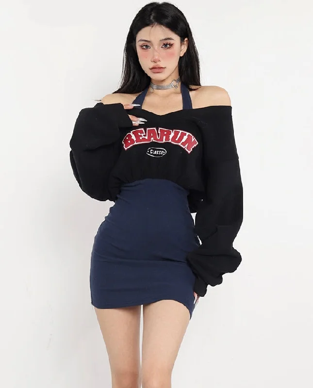 YEAR-End Clearance BEARUN Letter Embroidery Black V-Neck Long Sleeve Cropped Sweatshirt Dark Blue Halter Slim Mini Dress Set