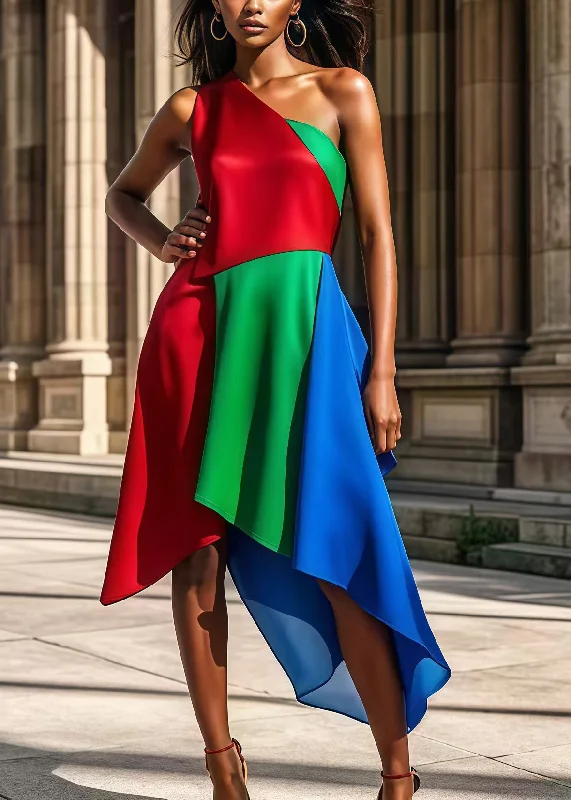 New Markdowns fitted cocktail dressWomen Colorblock One Shoulder Patchwork Silk Party Dress Summer