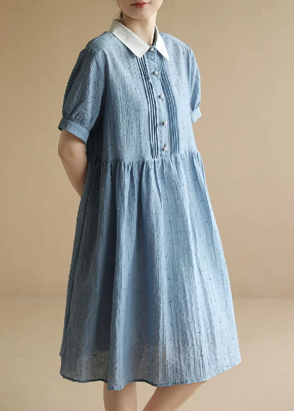 Special Savings lace dressFashion Blue Peter Pan Collar Wrinkled Button Cotton Holiday Dress Short Sleeve