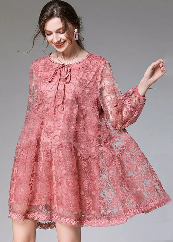 wrap-around dressFitted Pink Embroideried Patchwork Lace Mid Dress Long Sleeve