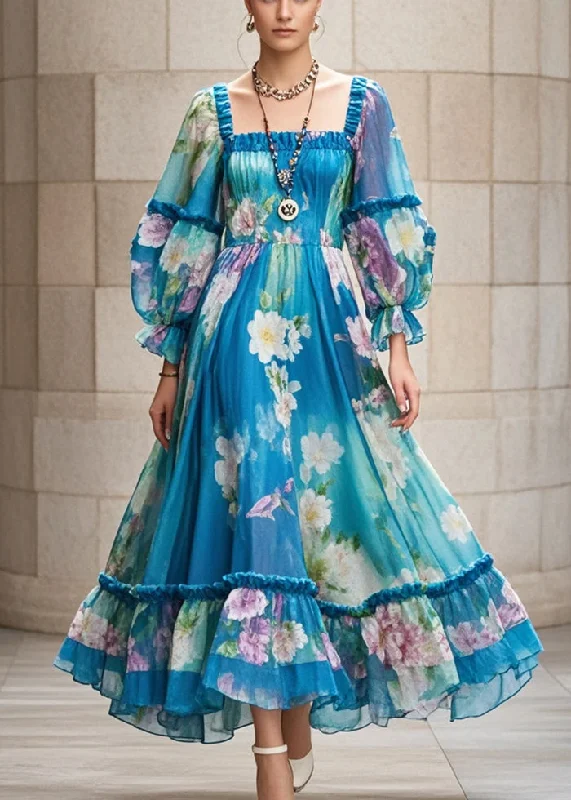 Deal Explosion trendy dressUnique Peacock Blue Ruffled Print Chiffon Holiday Dress Fall