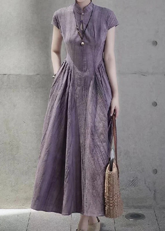 Bargain Blast elegant dressFrench Purple Stand Collar Pockets Linen Dress Summer