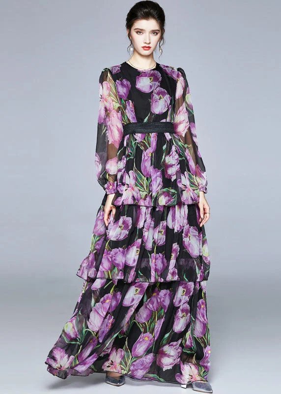 Act Now minimalistic dressBoutique Purple Print O-Neck Layered Design Chiffon Long Dresses Fall