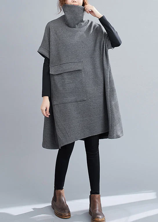 chic shift dressLoose Grey Turtleneck Pockets Patchwork Knit Mid Dresses Fall