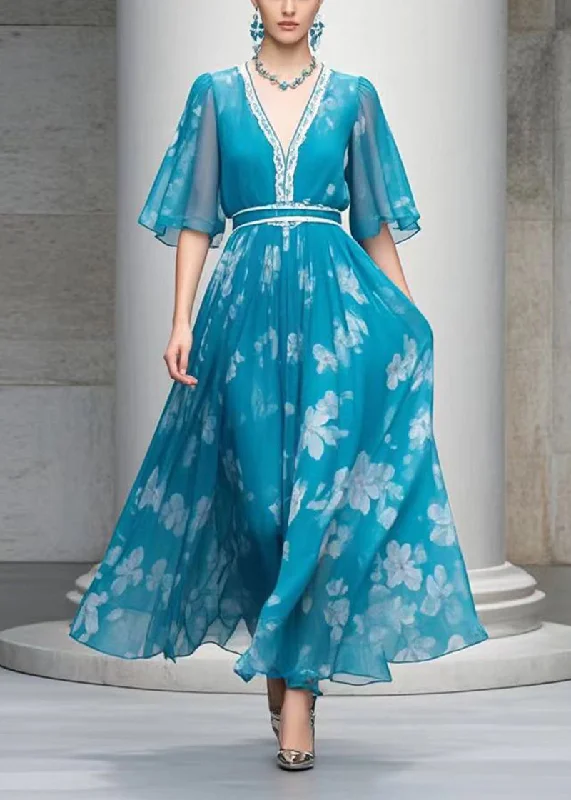 Online Exclusive bohemian dressBlue Print Chiffon Holiday Dresses V Neck Exra Large Hem Summer