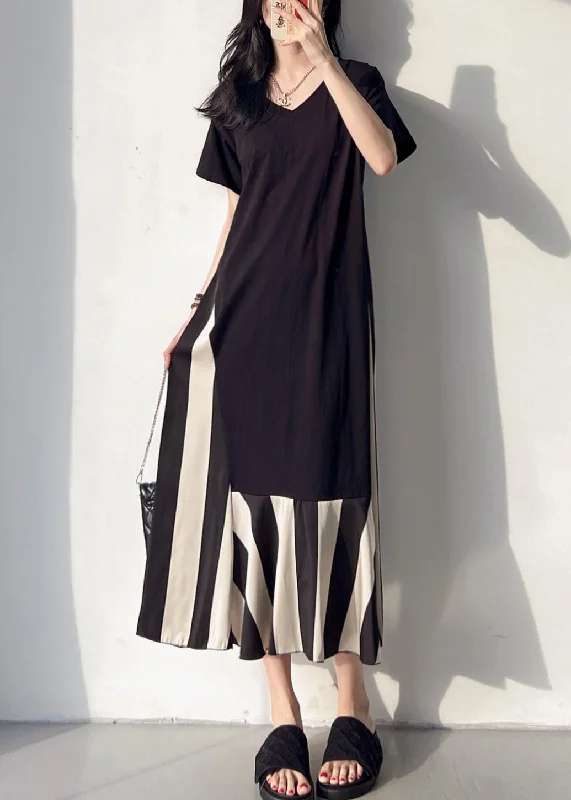 Weekend Deal boho-chic dressLoose Black V Neck Patchwork Cotton Long Dress Summer