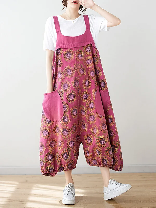Huge Discounts Women Summer Artsy Floral Spliced Loose Jumpsuits AS1051