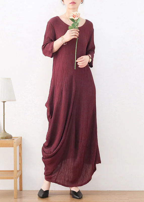 New Deals long-sleeve floral dressNatural Wine Red O-Neck Wrinkled Linen Long Dress Long Sleeve New Deals long-sleeve floral dressNatural Wine Red O-Neck Wrinkled Linen Long Dress Long Sleeve