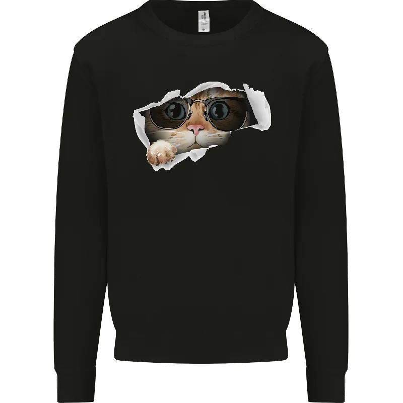 high-end athletic hoodieA Funny Cat Peeking From a Ripped Top Mens Sweatshirt Jumper