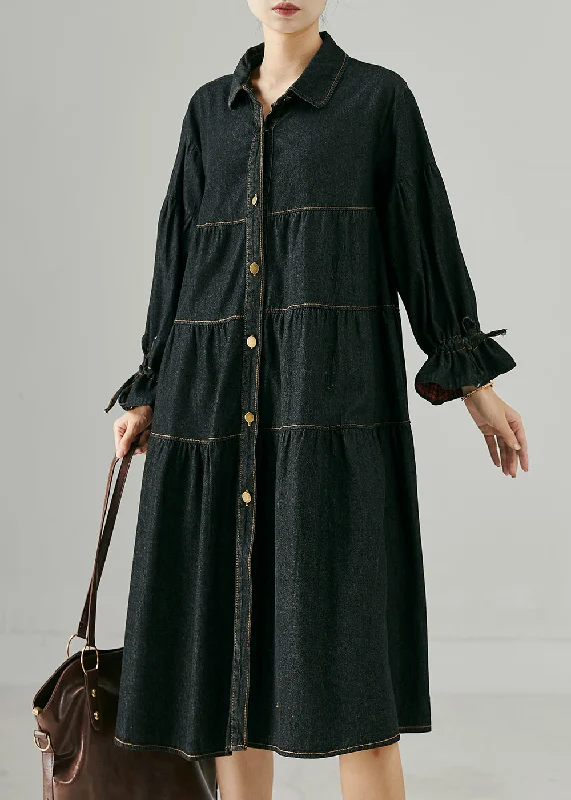 t-shirt dressUnique Black Oversized Drawstring Denim Maxi Dresses Spring