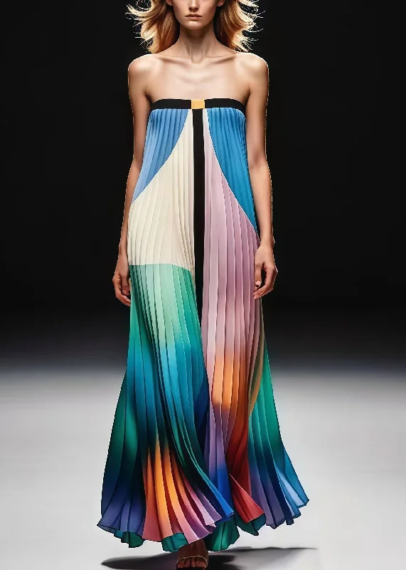 statement dressElegant Gradient Color Print Wrinkled Chiffon Strapless Dress Summer