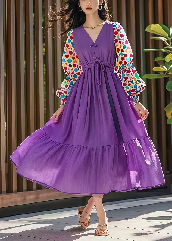 Buy Now mini dressStyle Purple Cinched Patchwork Print Cotton Dress Fall