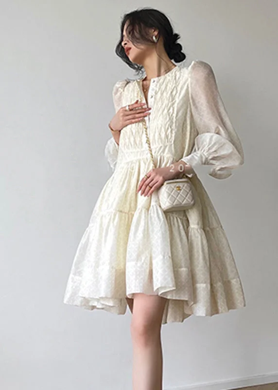 casual evening dressBeige O-Neck Button Silk Mid Dresses Long Sleeve