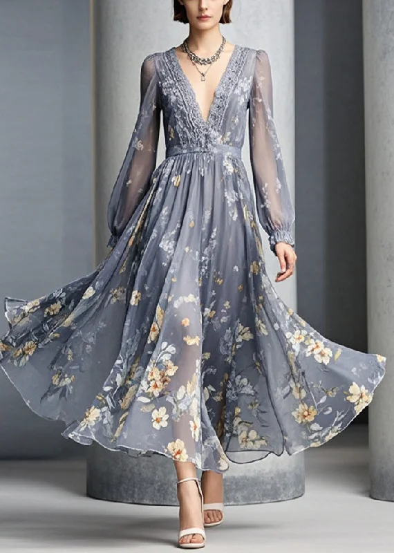 Best Bargains casual midi dressFrench Grey V Neck Print Chiffon Party Dresses Fall