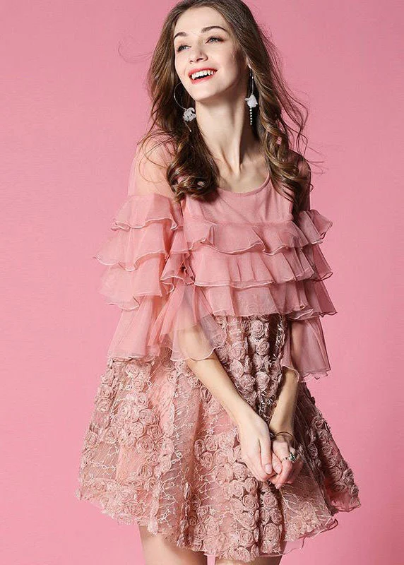 luxury dressCasual Pink Ruffles Patchwork Applique Tulle Dress Half Sleeve