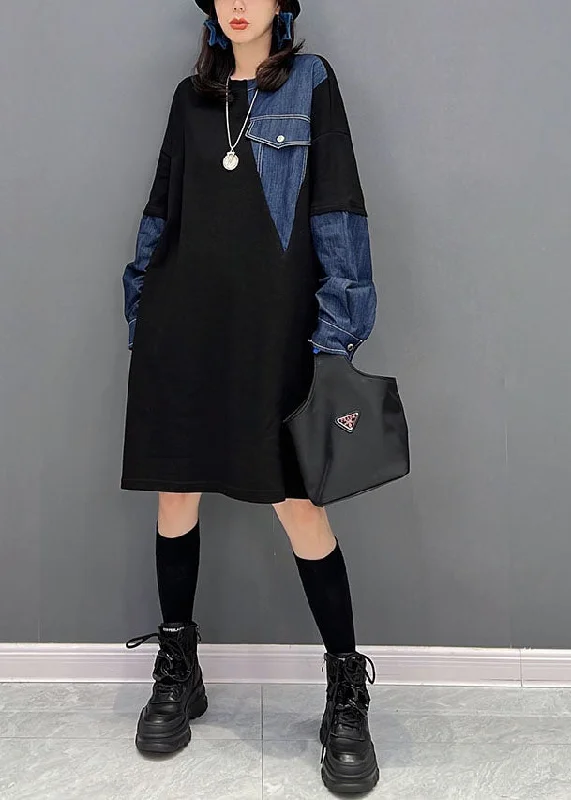 fitted dressPlus Size Black O-Neck Denim Patchwork Cotton Robe Dresses Fall