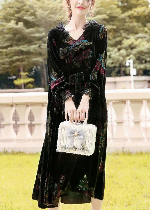 Weekend Deal luxury dressClassy Black Hooded Print Silk Velour Party Dress Spring