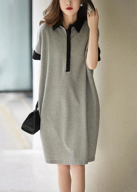 puff sleeve dressPlus Size Grey Peter Pan Collar Button Patchwork Cotton Dress Summer