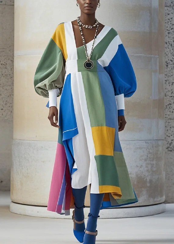 Steals and Deals v-neck dressOriginal Design Multicolor Asymmetrical Patchwork Cotton Holiday Dress Lantern Sleeve