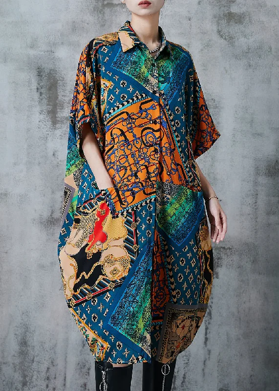 Deep Discounts ruffle dressFrench Peacock Blue Oversized Print Chiffon Dress Summer