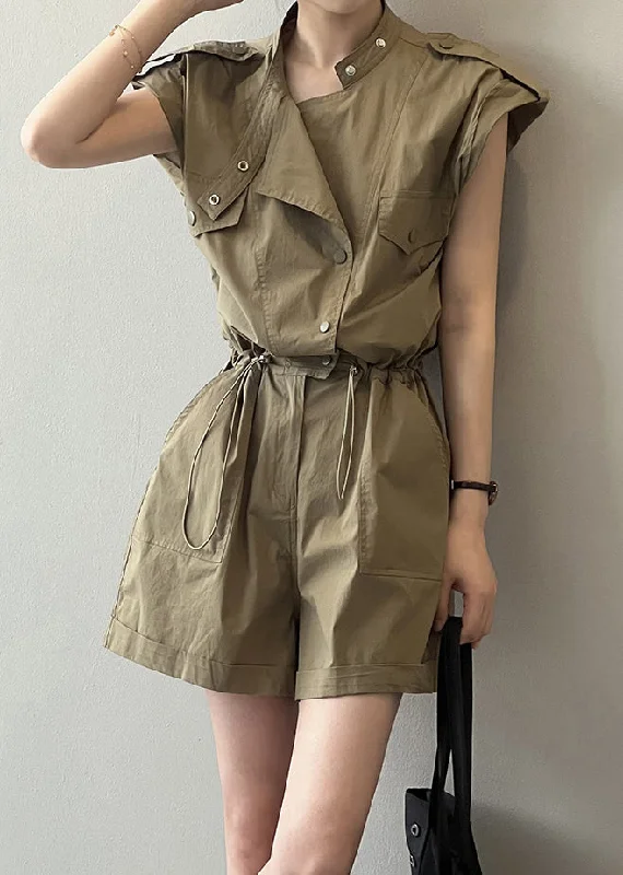 Season Finale Sale Loose Green Pockets Drawstring Linen Jumpsuit Summer QE033