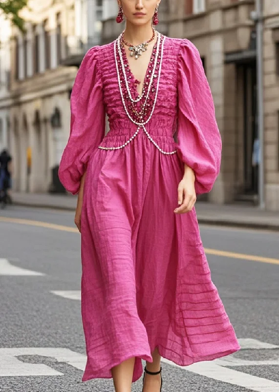 flowy dressSilm Fit Rose Nail Bead Wrinkled Cotton Long Dress Spring