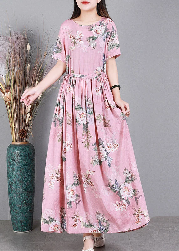 Stock Clearance elegant dressPink O-Neck Print Drawstring Linen Dresses Short Sleeve