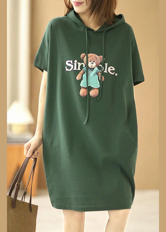 one-shoulder dressFrench Green Hooded Drawstring Print Cotton Pullover Sweatshirt Dress Short Sleeve